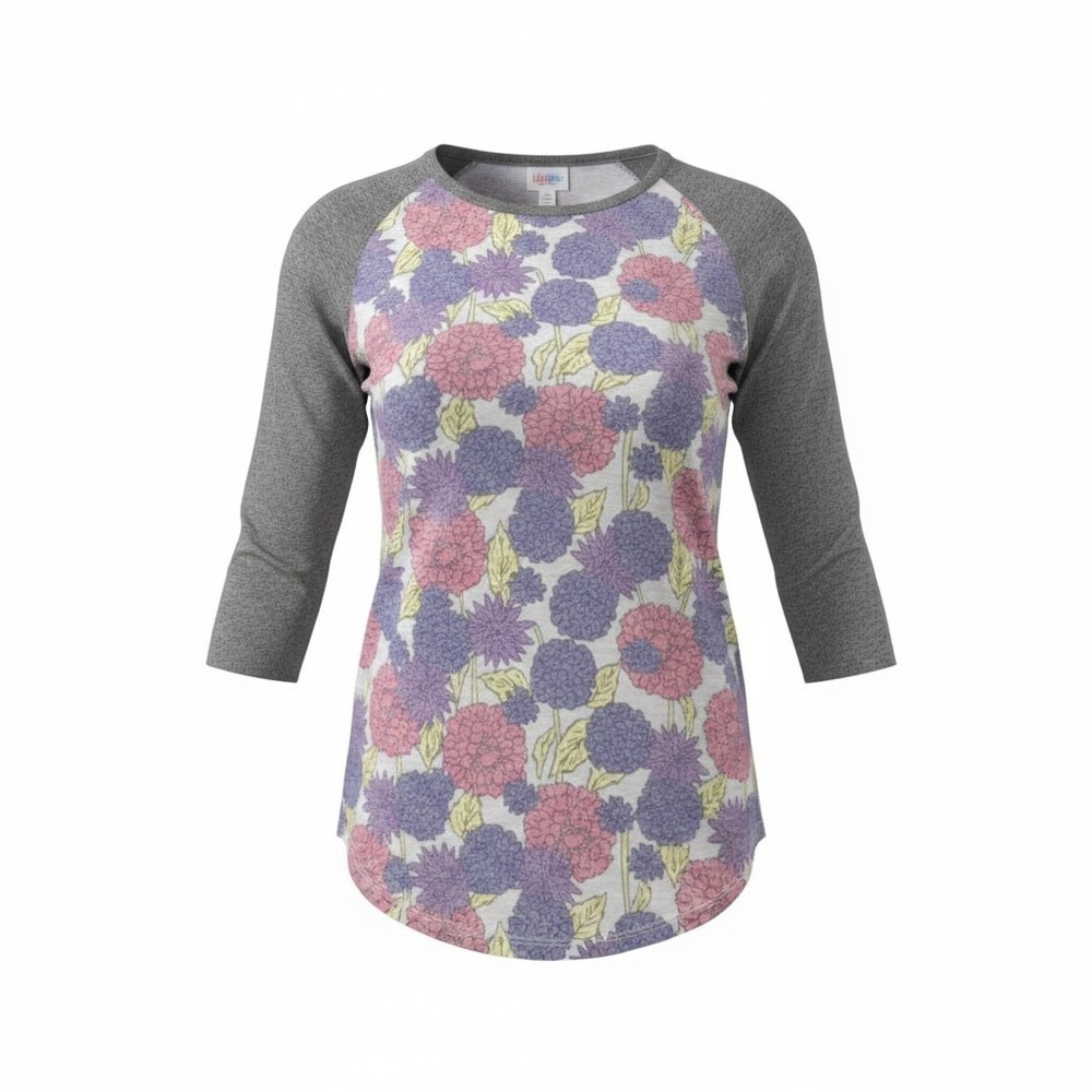 LuLaRoe Randy Baseball Tee Womens Small Floral Raglan 3/4 Sleeve Grey Purple S